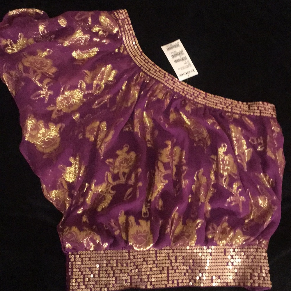 NWT Vintage Bebe Y2K Silk Purple & Metallic Gold Thread Sequin One Shoulder Top